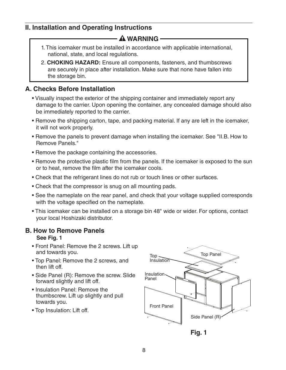 Ii. installation and operating instructions, A. checks before installation, B. how to remove panels | Hoshizaki KM-1400SWH/3-M User Manual | Page 8 / 24
