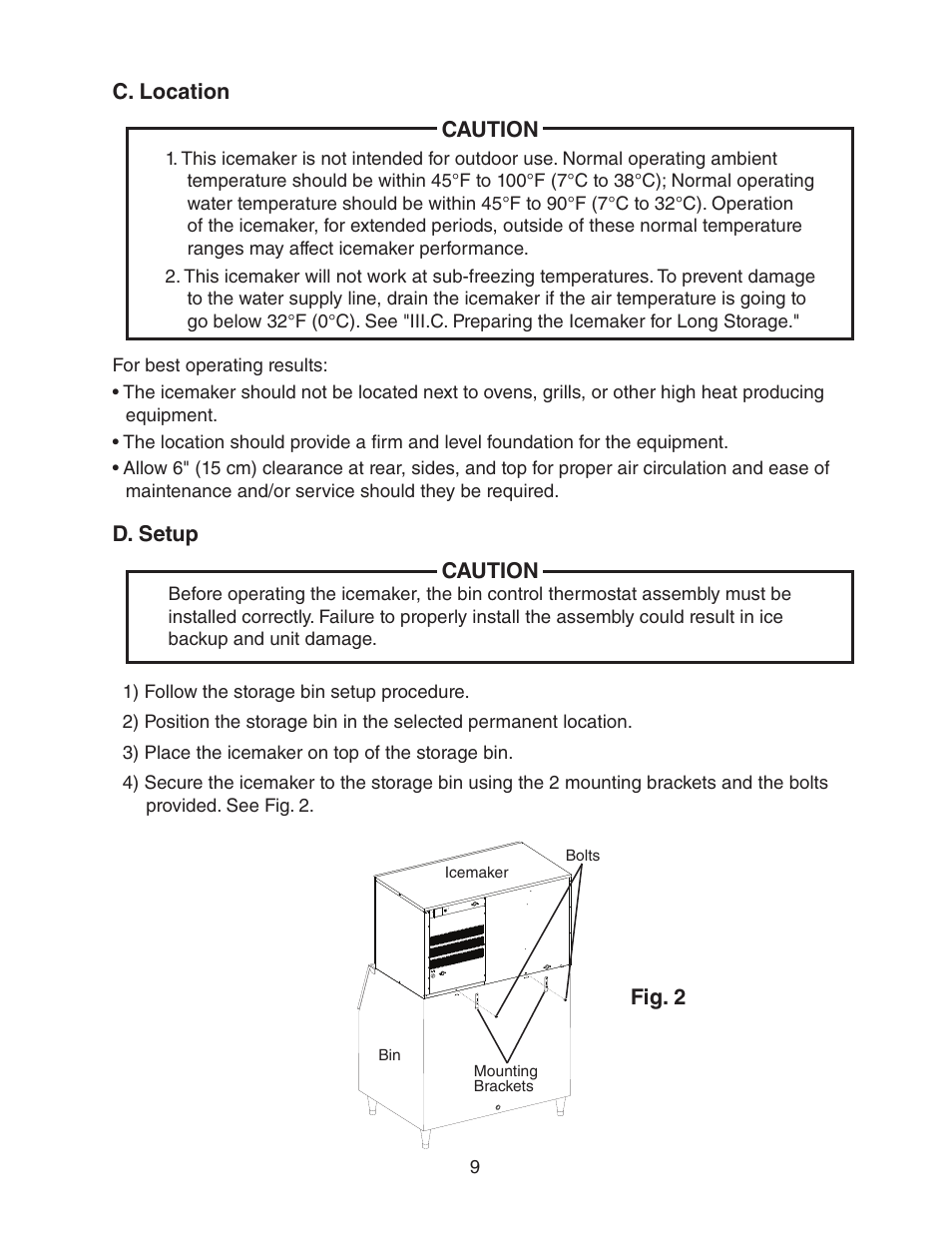 C. location, D. setup, C. location d. setup | Hoshizaki KM-1400SWH/3-M User Manual | Page 9 / 24