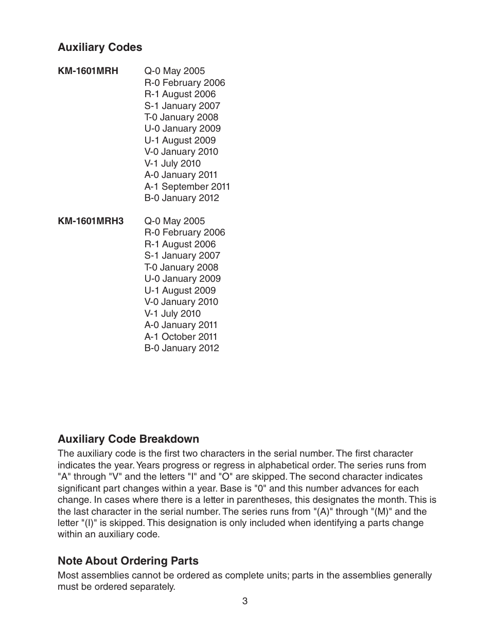 Auxiliary codes, Note about ordering parts, Auxiliary codes note about ordering parts | Hoshizaki KM-1601MRH User Manual | Page 3 / 12