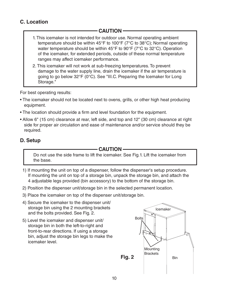 C. location, D. setup, C. location d. setup | Hoshizaki KMD-450MAH User Manual | Page 10 / 25