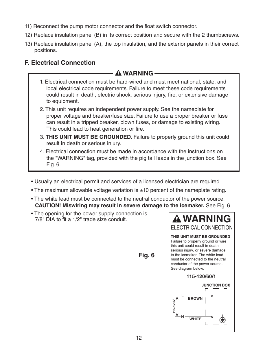 F. electrical connection, Warning, F. electrical connection warning | Fig. 6 | Hoshizaki KMD-450MAH User Manual | Page 12 / 25