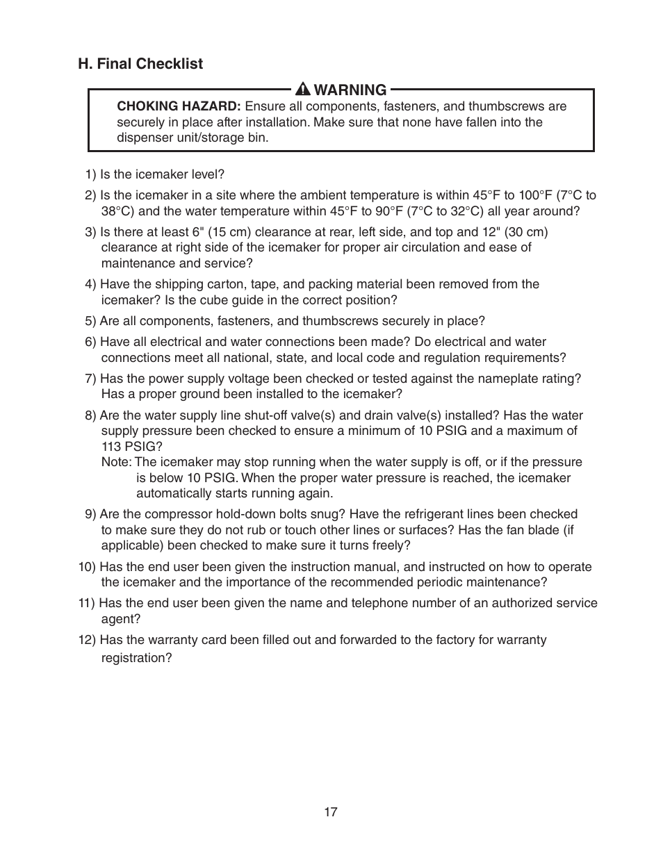 H. final checklist | Hoshizaki KMD-450MAH User Manual | Page 17 / 25