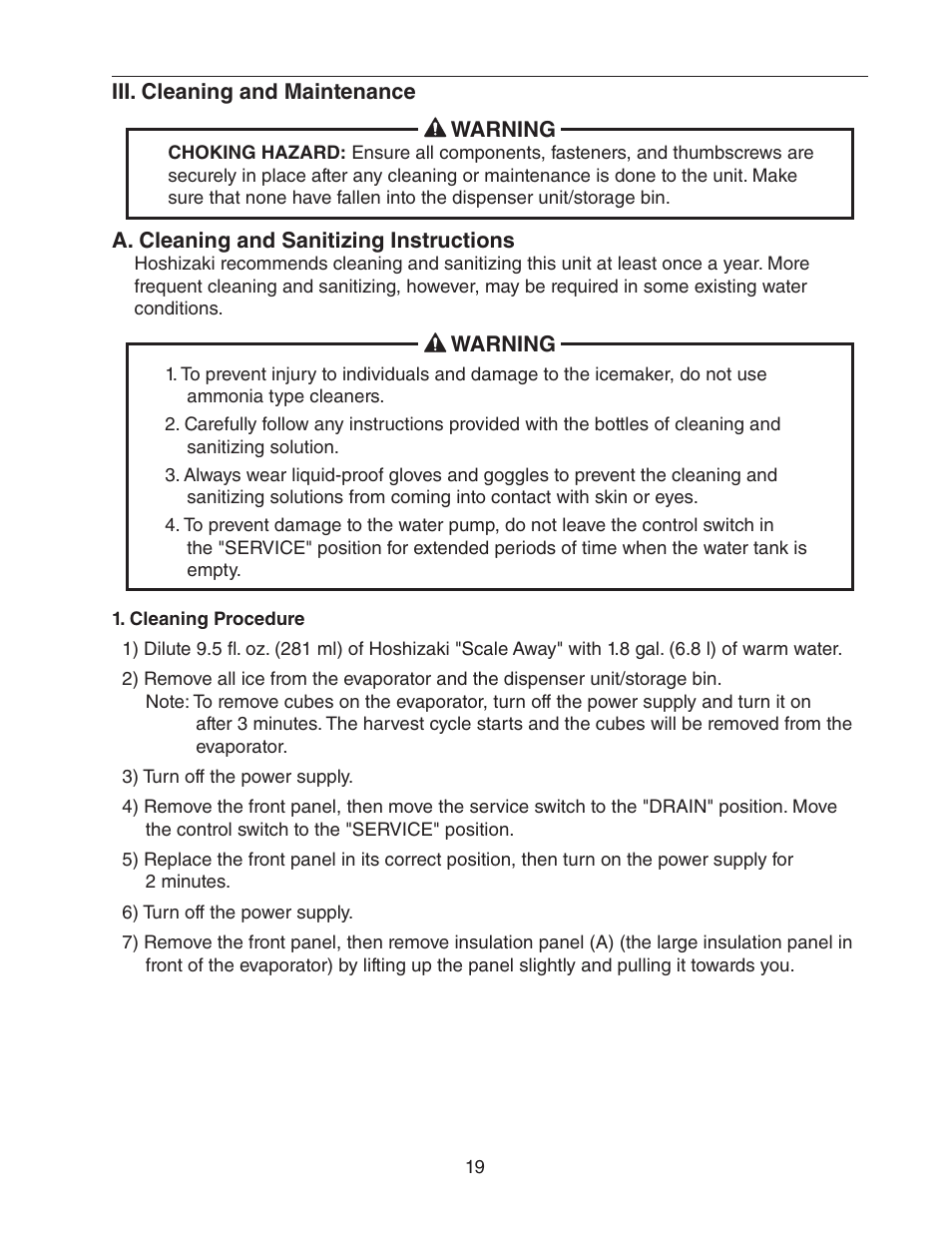 Iii. cleaning and maintenance, A. cleaning and sanitizing instructions, Cleaning procedure | Hoshizaki KMD-450MAH User Manual | Page 19 / 25