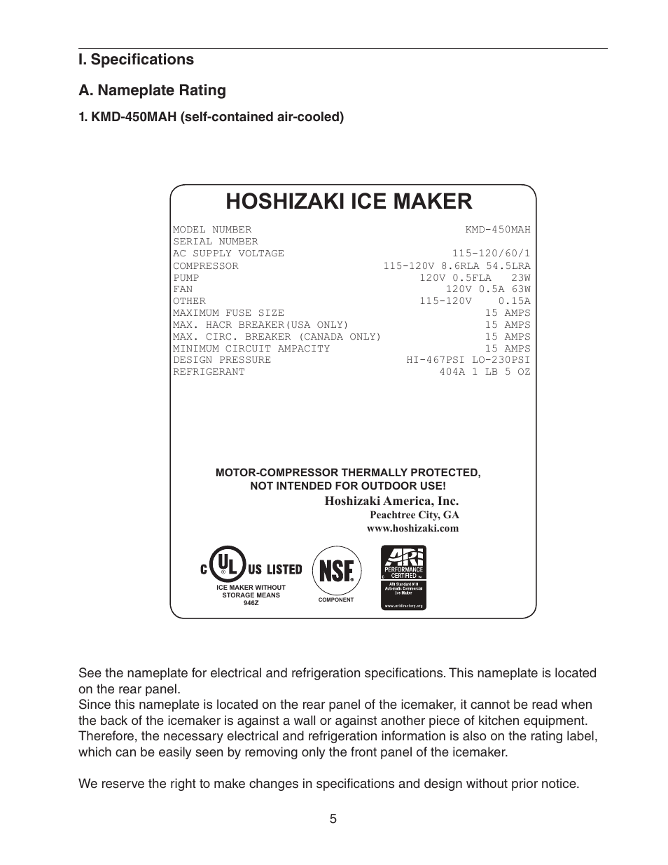 I. specifications, A. nameplate rating, Kmd-450mah (self-contained air-cooled) | Hoshizaki ice maker, I. specifications a. nameplate rating | Hoshizaki KMD-450MAH User Manual | Page 5 / 25