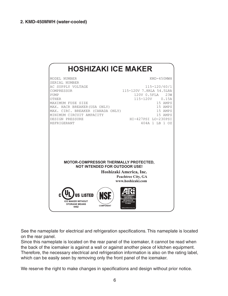 Kmd-450mwh (water-cooled), Hoshizaki ice maker | Hoshizaki KMD-450MAH User Manual | Page 6 / 25