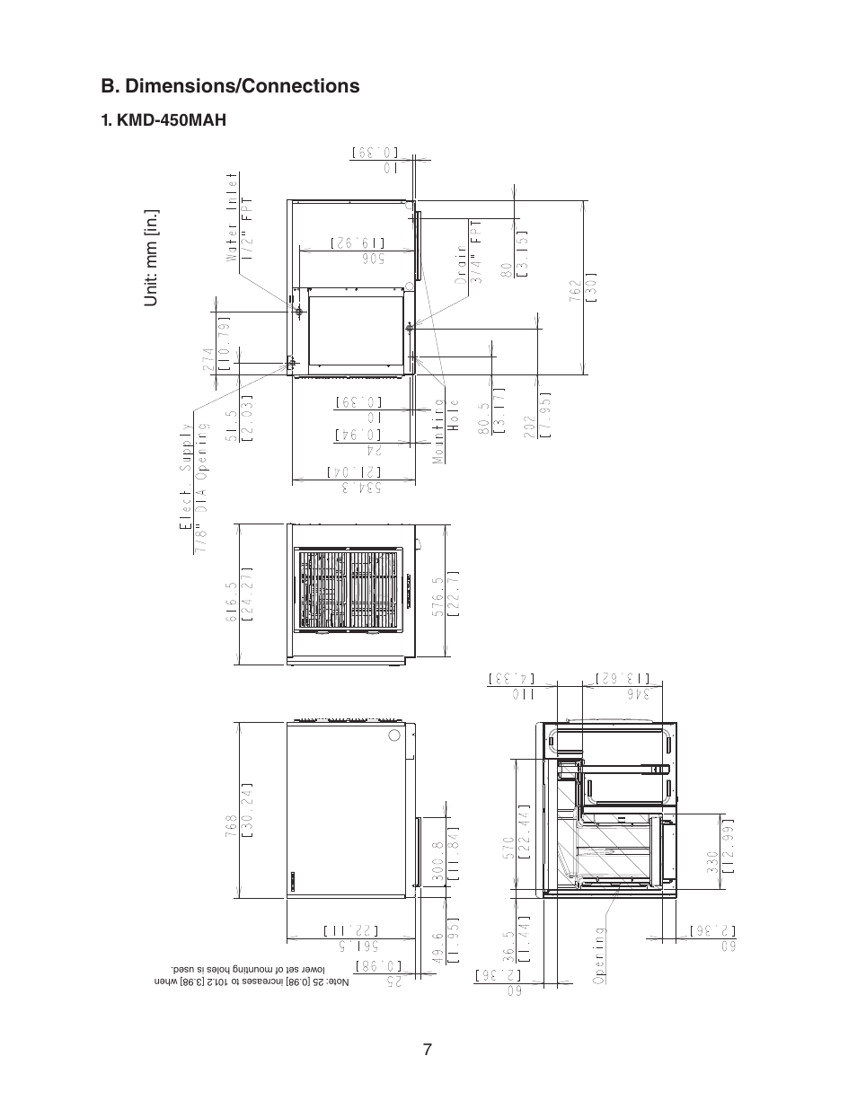 B. dimensions/connections, Kmd-450mah, Kmd-450mah unit: mm [in | Hoshizaki KMD-450MAH User Manual | Page 7 / 25