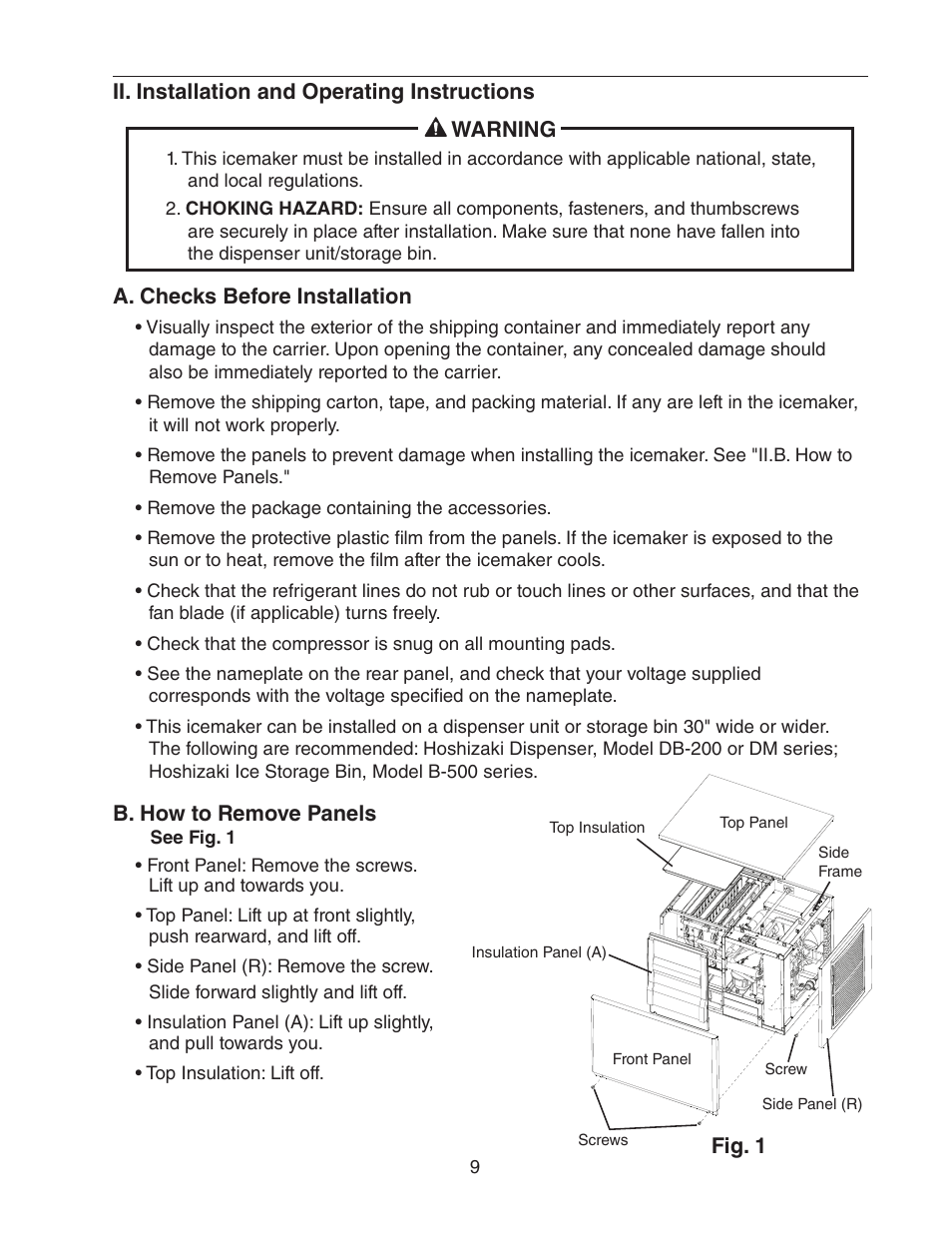 Ii. installation and operating instructions, A. checks before installation, B. how to remove panels | Hoshizaki KMD-450MAH User Manual | Page 9 / 25