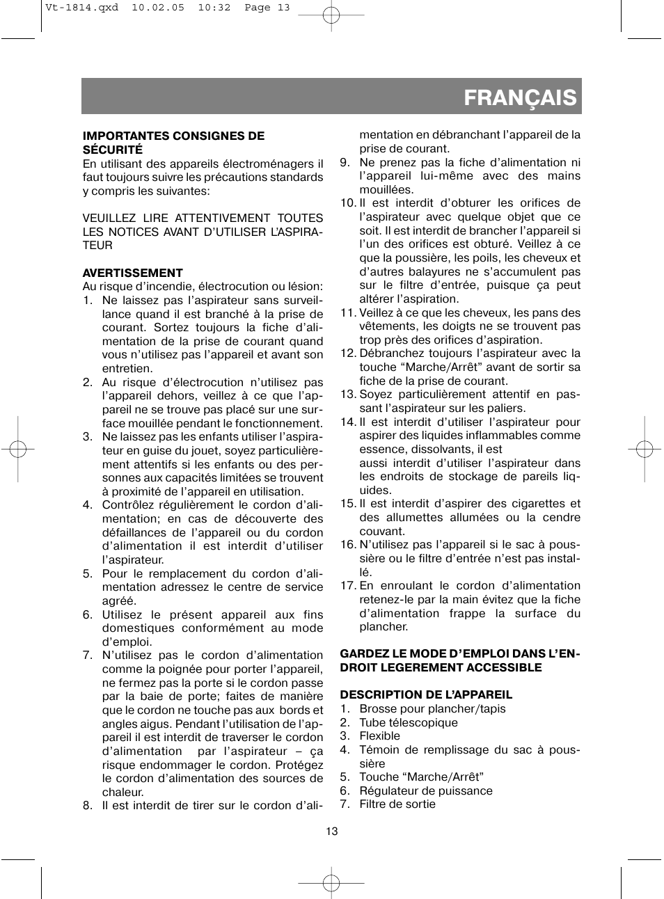 Français | Vitek VT-1814 VT User Manual | Page 13 / 44