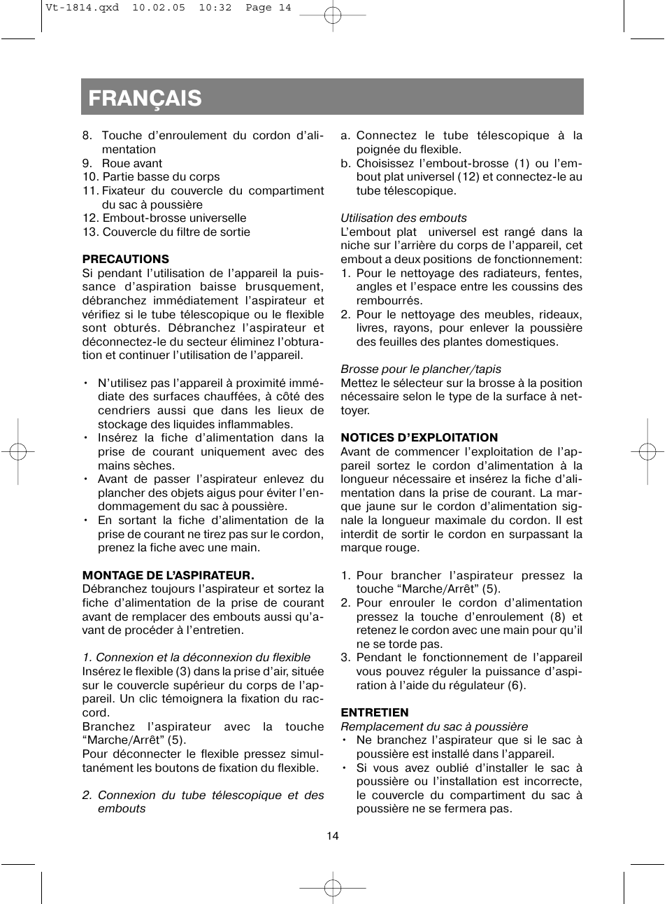 Français | Vitek VT-1814 VT User Manual | Page 14 / 44