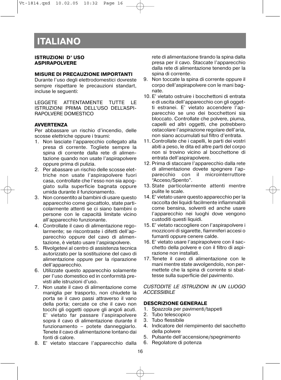 Italiano | Vitek VT-1814 VT User Manual | Page 16 / 44