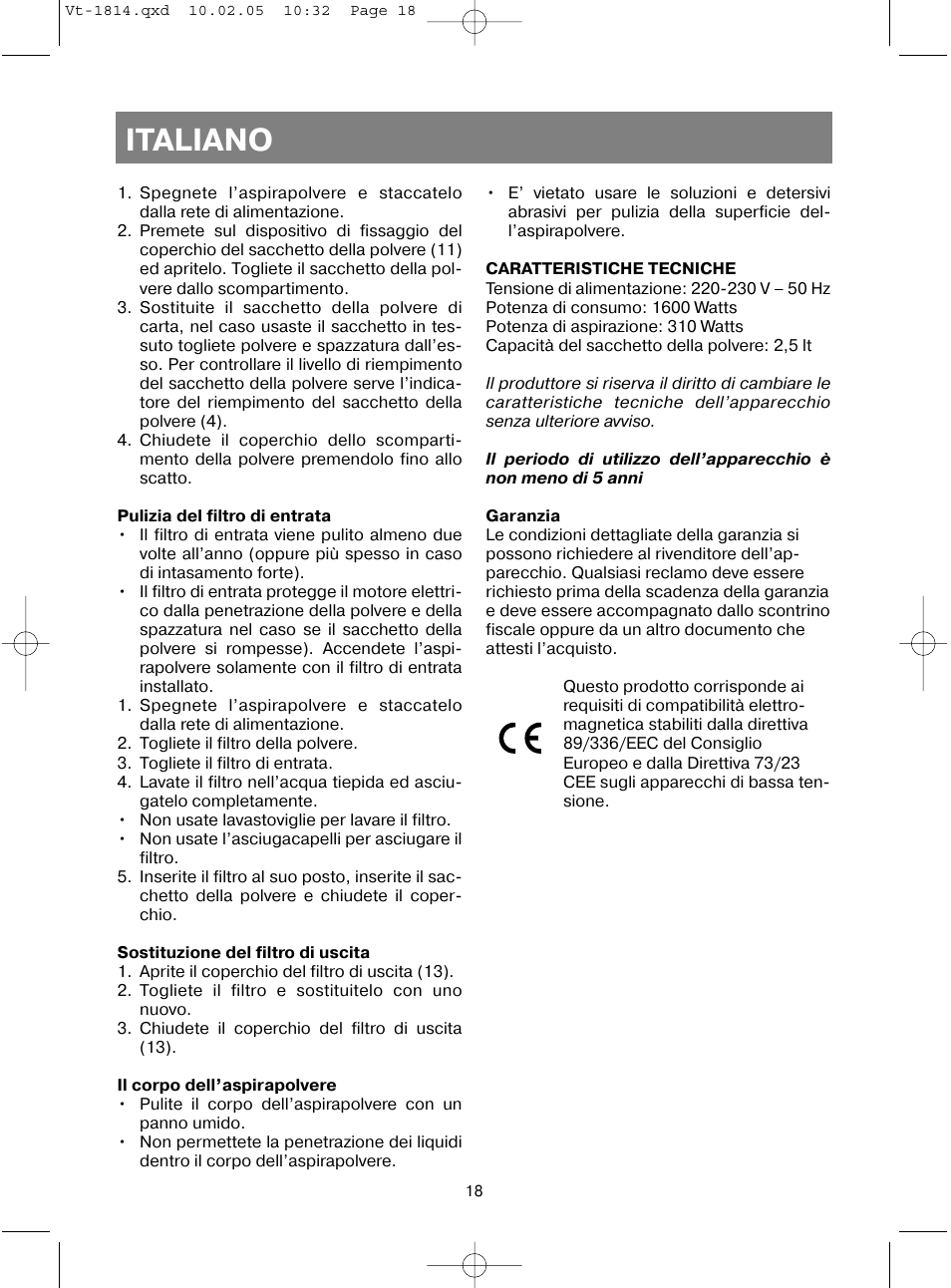 Italiano | Vitek VT-1814 VT User Manual | Page 18 / 44