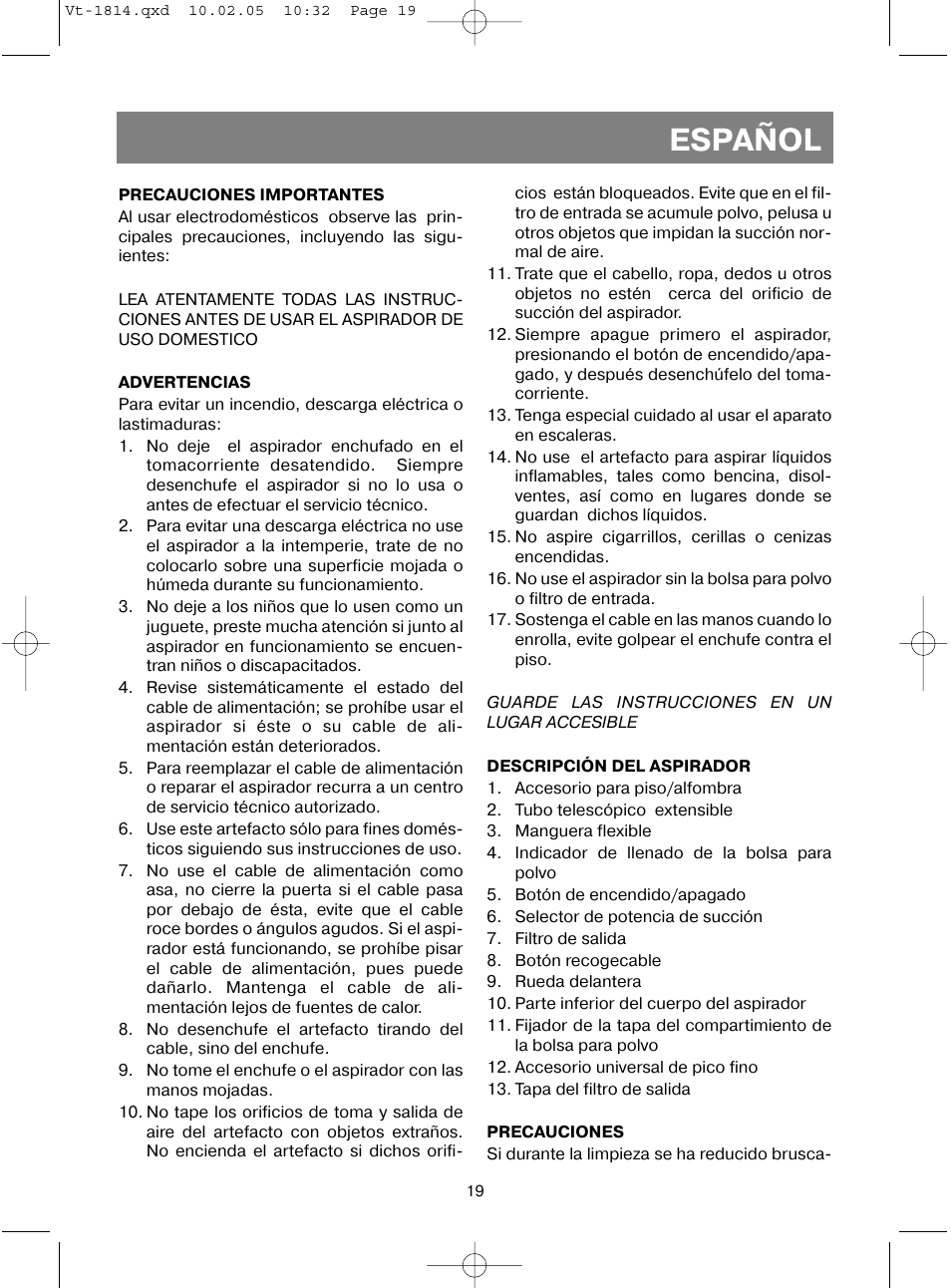 Español | Vitek VT-1814 VT User Manual | Page 19 / 44