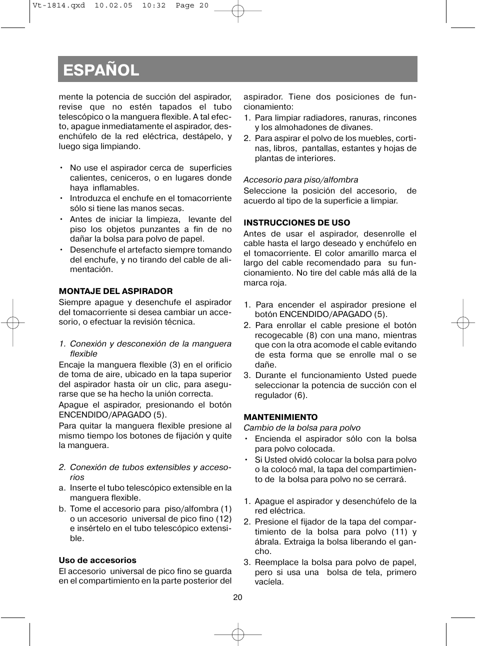 Español | Vitek VT-1814 VT User Manual | Page 20 / 44