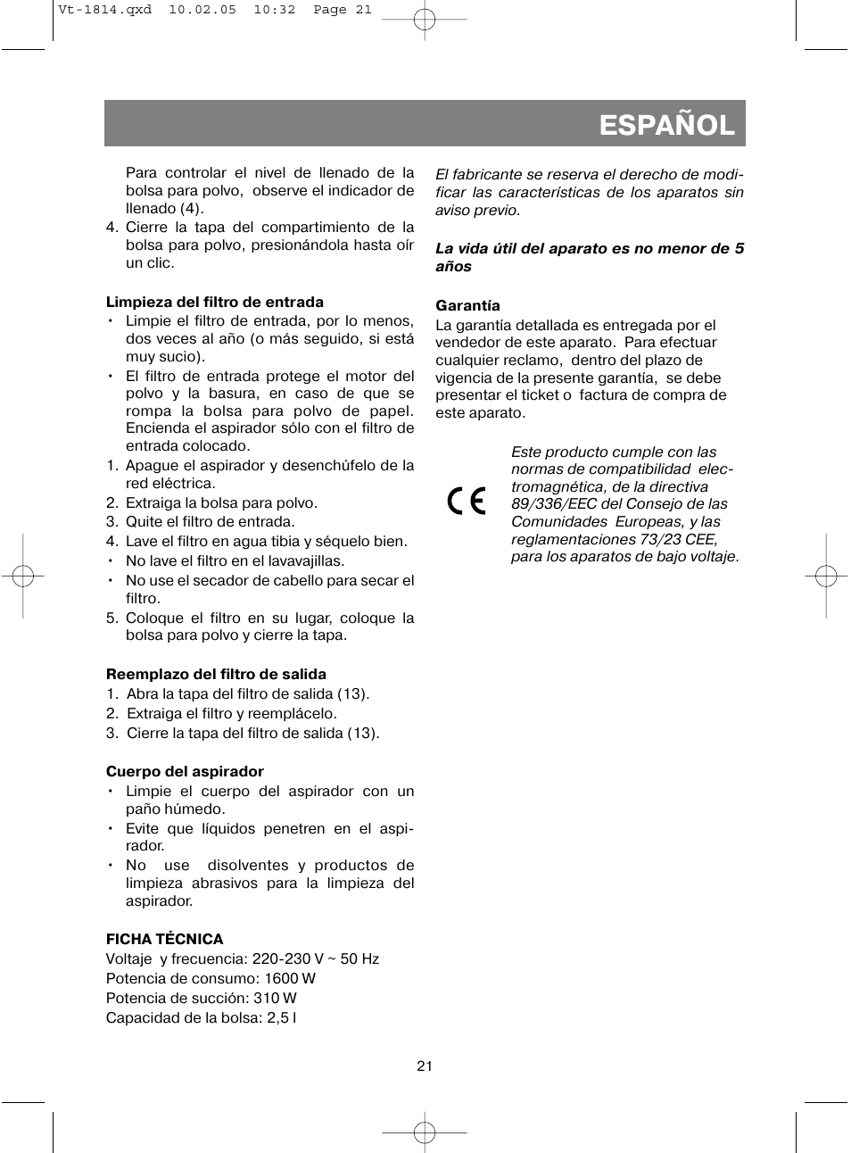 Español | Vitek VT-1814 VT User Manual | Page 21 / 44