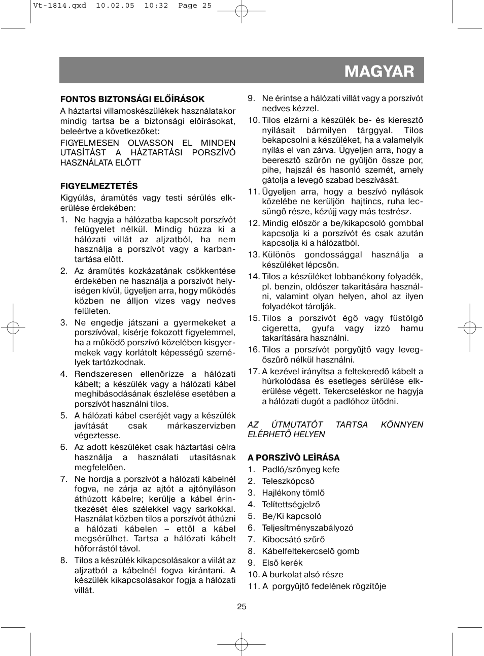 Magyar | Vitek VT-1814 VT User Manual | Page 25 / 44