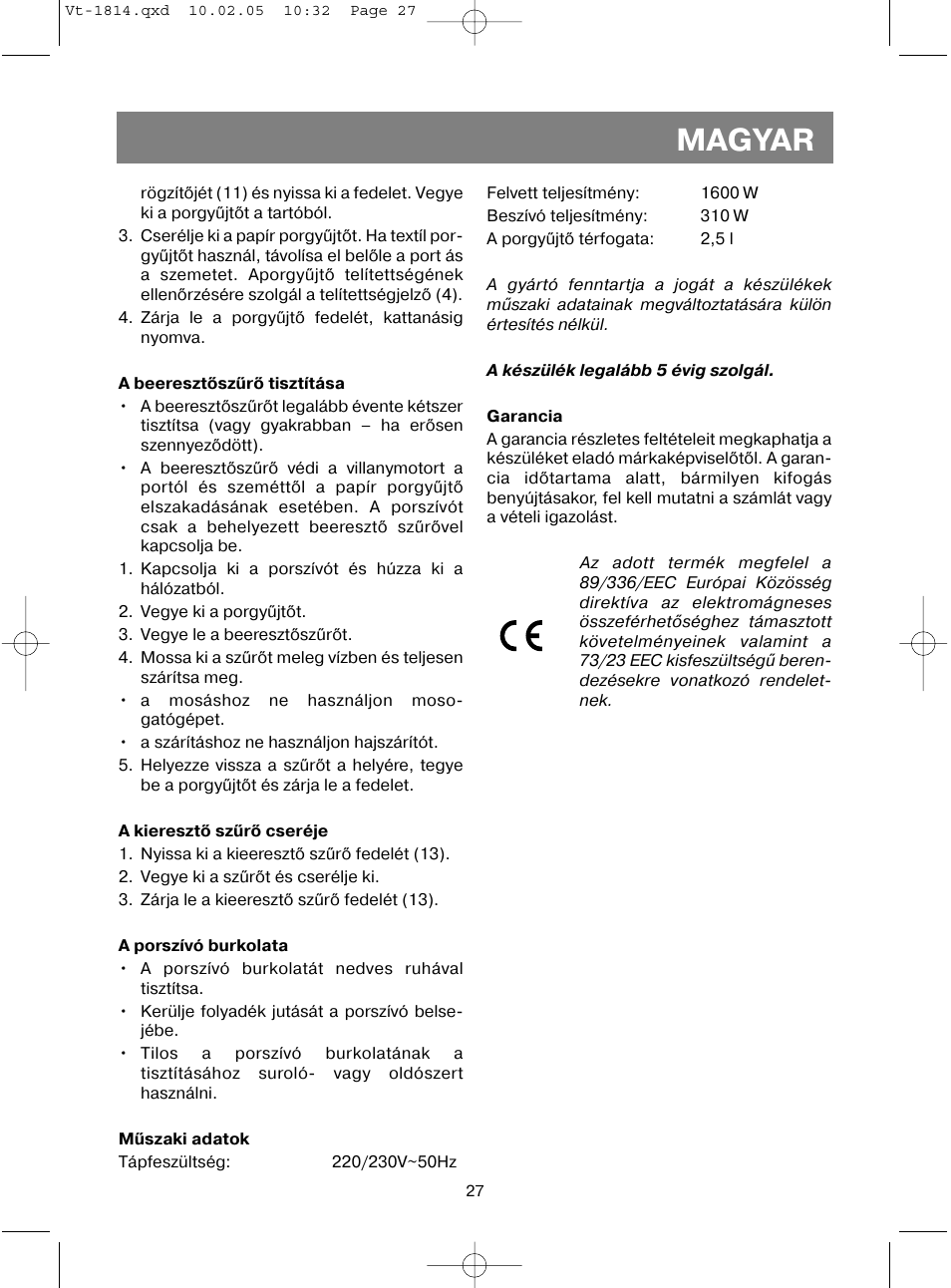 Magyar | Vitek VT-1814 VT User Manual | Page 27 / 44