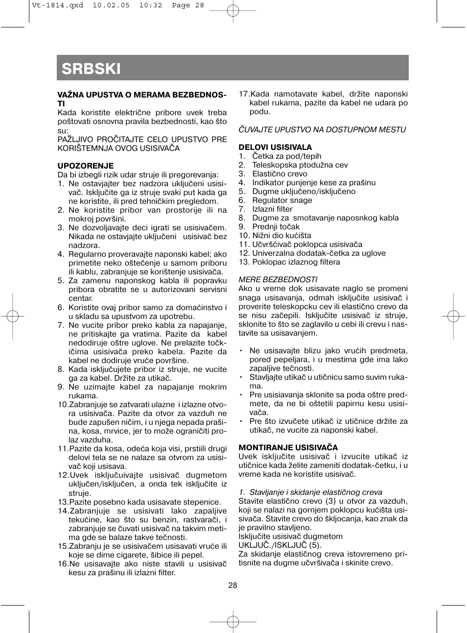 Srbski | Vitek VT-1814 VT User Manual | Page 28 / 44