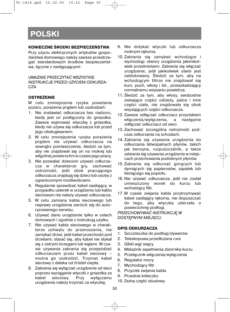 Polski | Vitek VT-1814 VT User Manual | Page 30 / 44