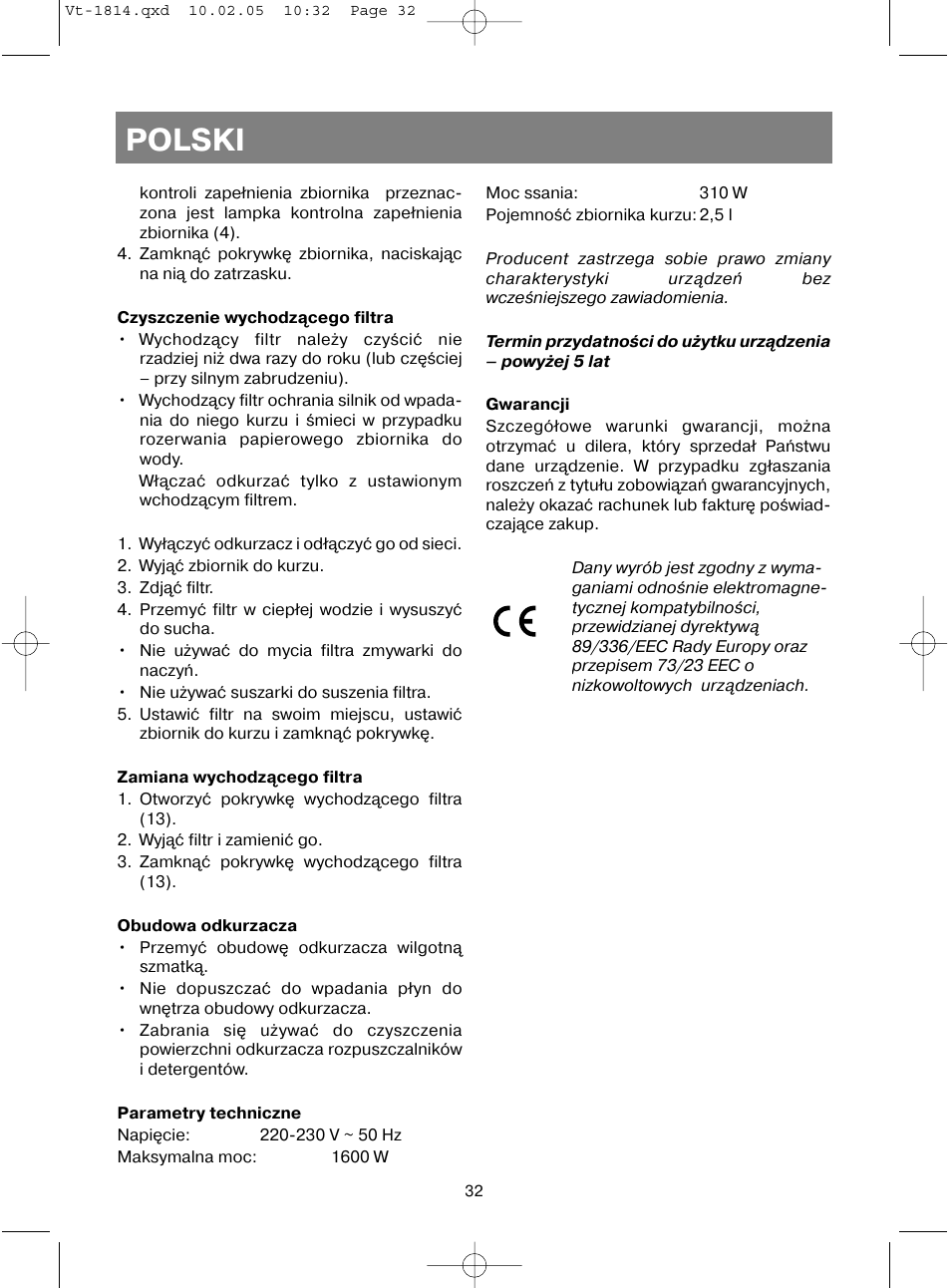 Polski | Vitek VT-1814 VT User Manual | Page 32 / 44