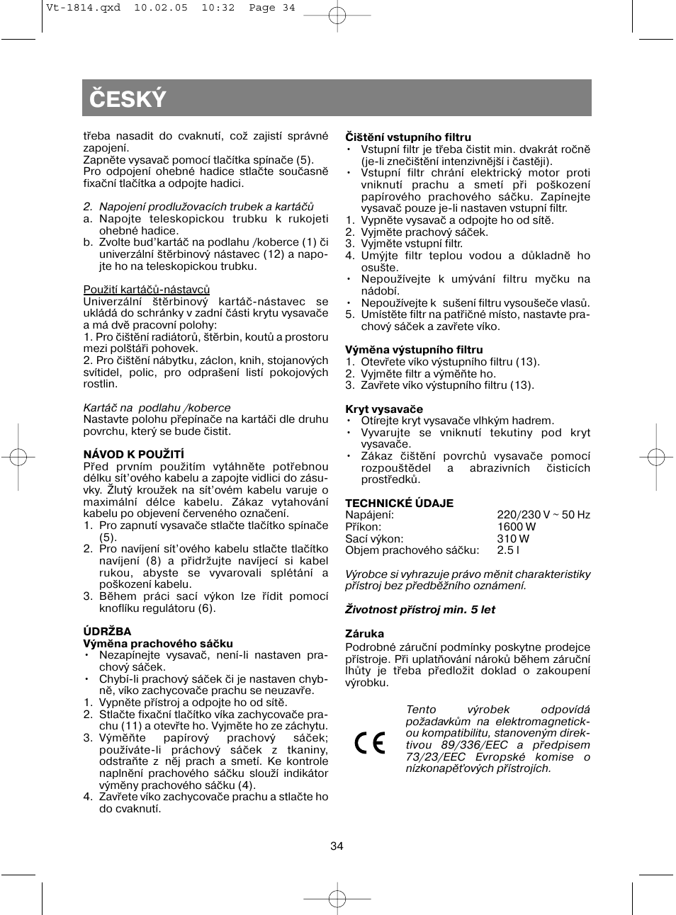 Èeský | Vitek VT-1814 VT User Manual | Page 34 / 44