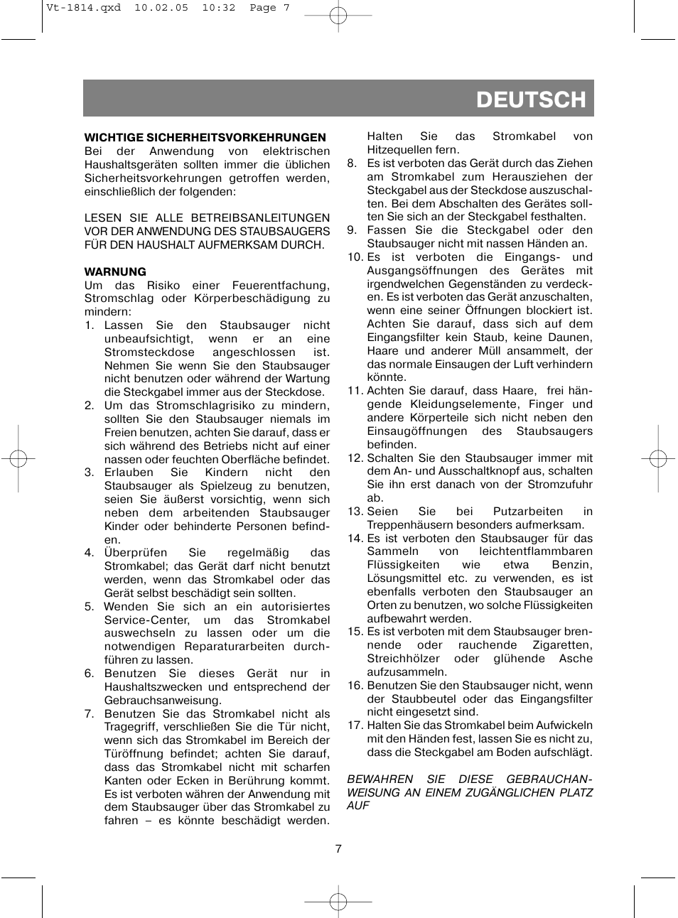 Deutsch | Vitek VT-1814 VT User Manual | Page 7 / 44