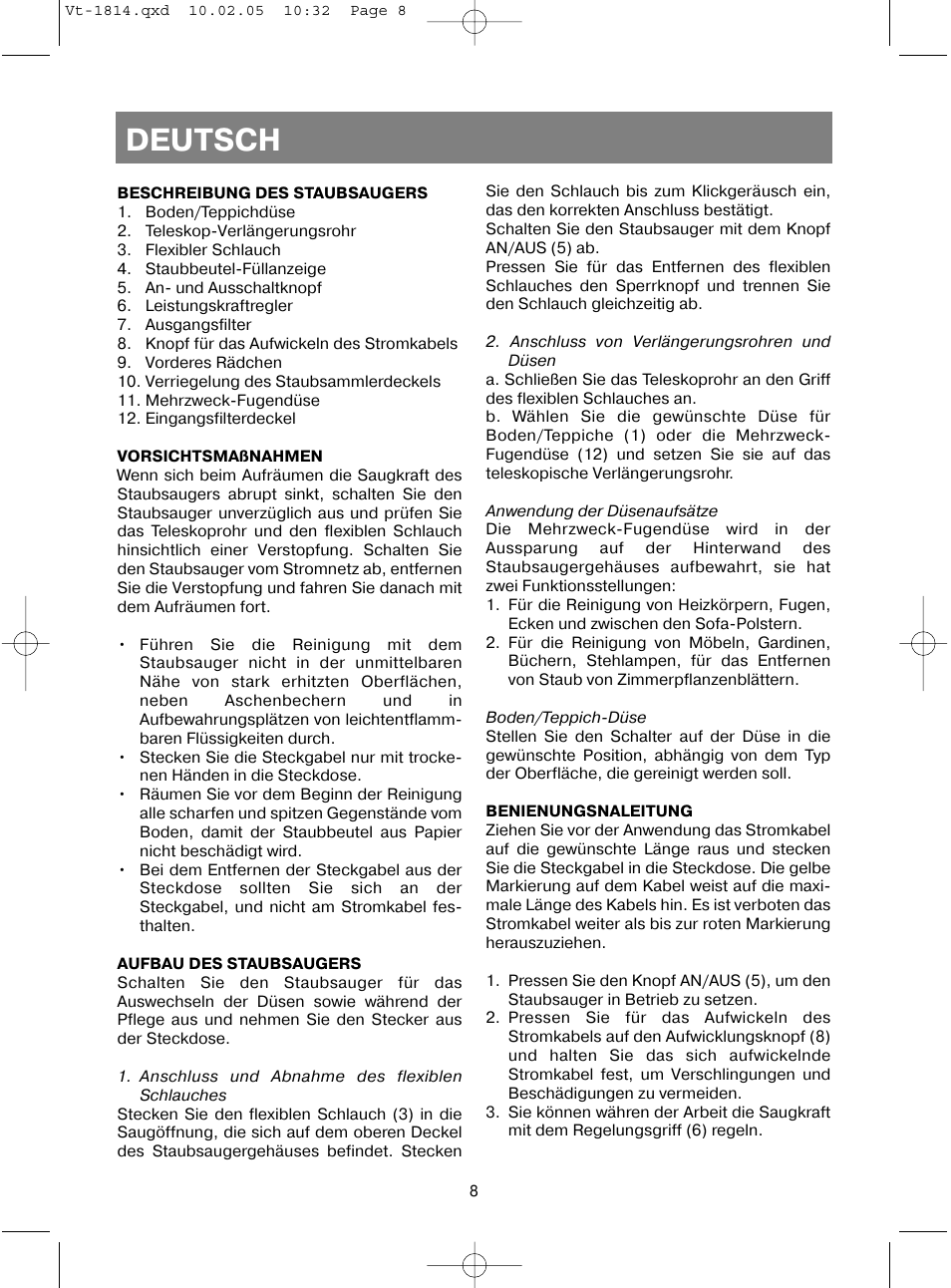 Deutsch | Vitek VT-1814 VT User Manual | Page 8 / 44