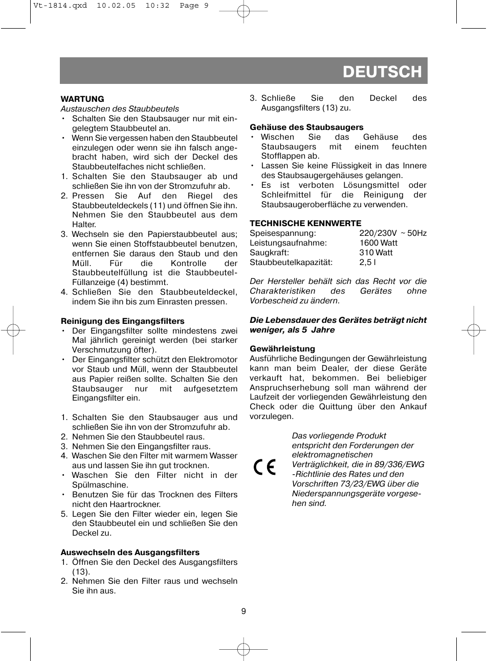 Deutsch | Vitek VT-1814 VT User Manual | Page 9 / 44