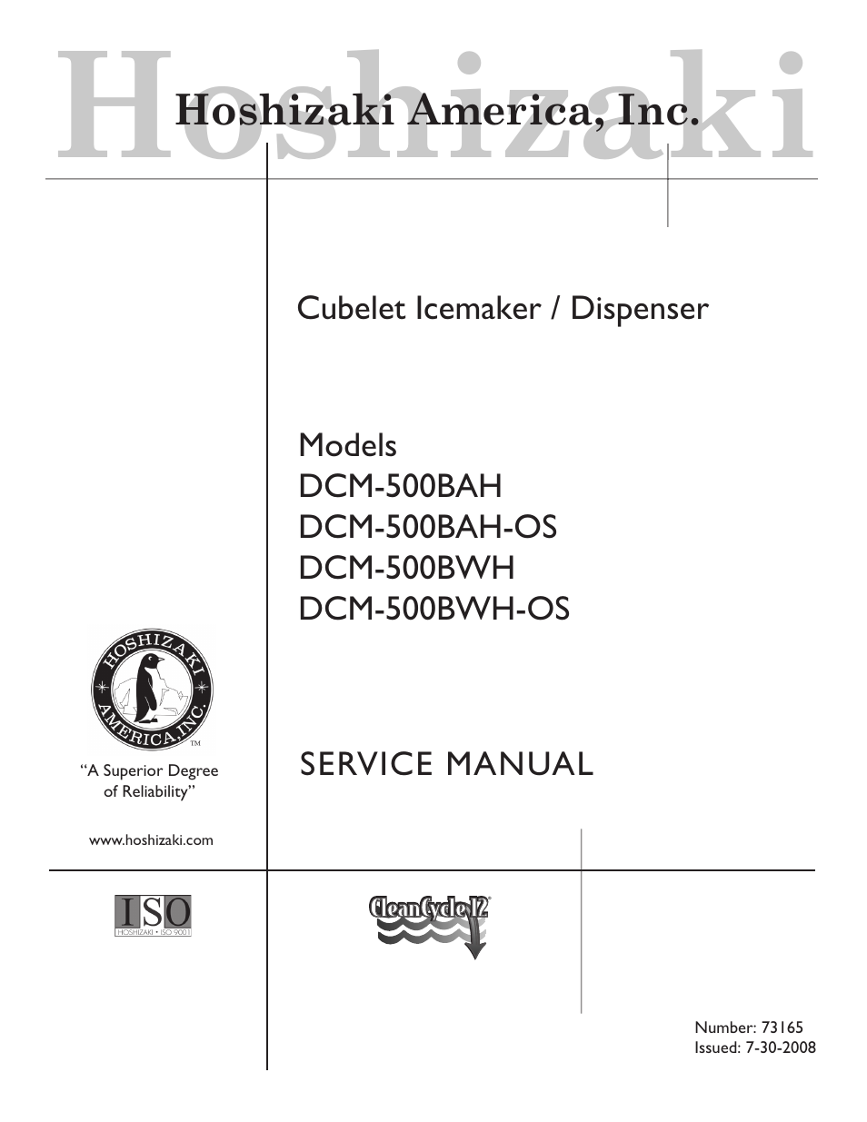 Hoshizaki DCM-500BWH-OS User Manual | 69 pages