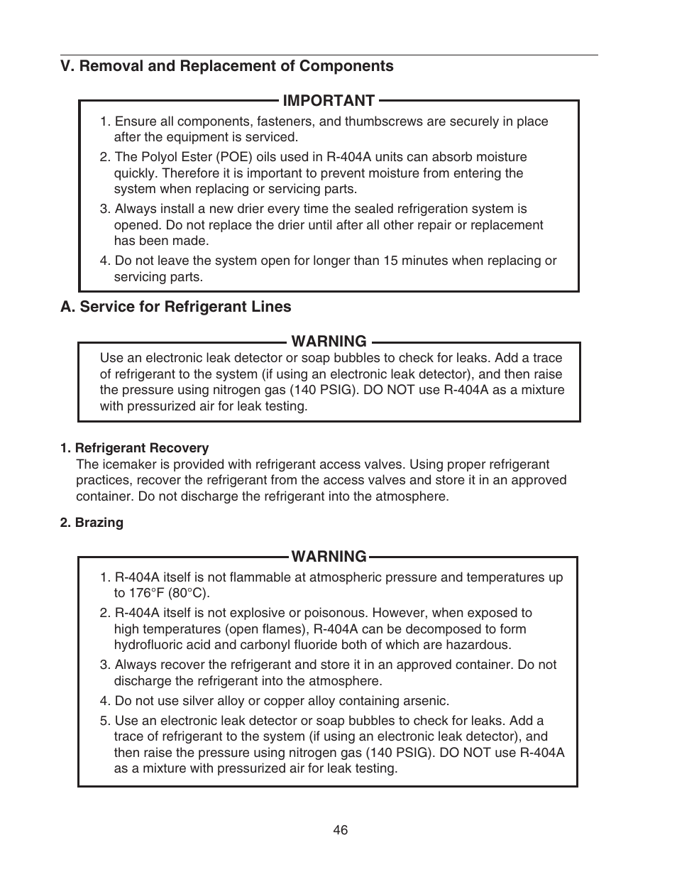 V. removal and replacement of components, A. service for refrigerant lines, Refrigerant recovery | Brazing, Refrigerant recovery . brazing | Hoshizaki DCM-500BWH-OS User Manual | Page 46 / 69