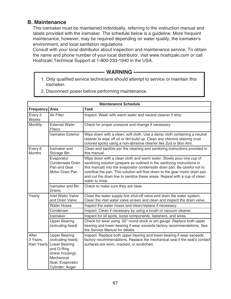 B. maintenance, Warning | Hoshizaki DCM-500BWH-OS User Manual | Page 67 / 69