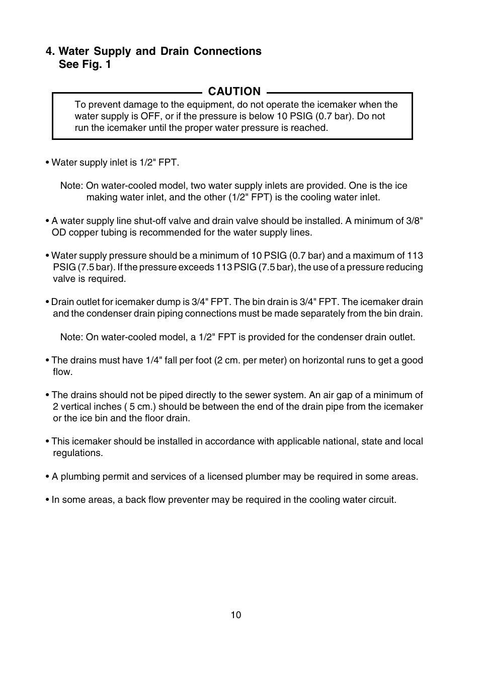 Water supply and drain connections | Hoshizaki SELF-CONTAINED CRESCENT CUBER KM-250BAF User Manual | Page 10 / 21