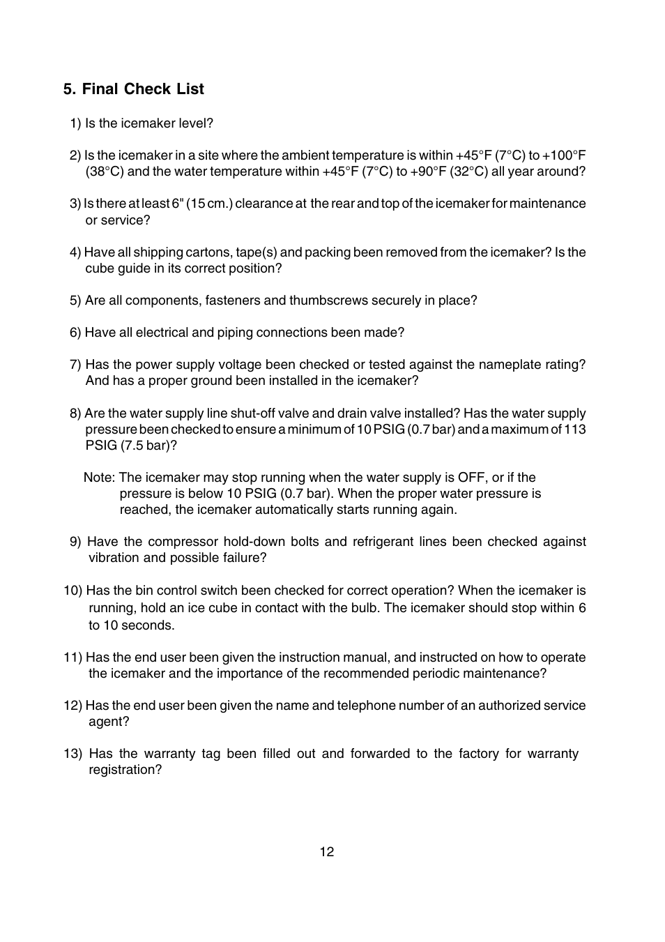 Final check list | Hoshizaki SELF-CONTAINED CRESCENT CUBER KM-250BAF User Manual | Page 12 / 21