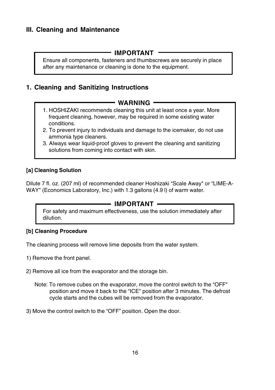 Iii. cleaning and maintenance, Cleaning and sanitizing instructions, A] cleaning solution | B] cleaning procedure, A] cleaning solution [b] cleaning procedure | Hoshizaki SELF-CONTAINED CRESCENT CUBER KM-250BAF User Manual | Page 16 / 21