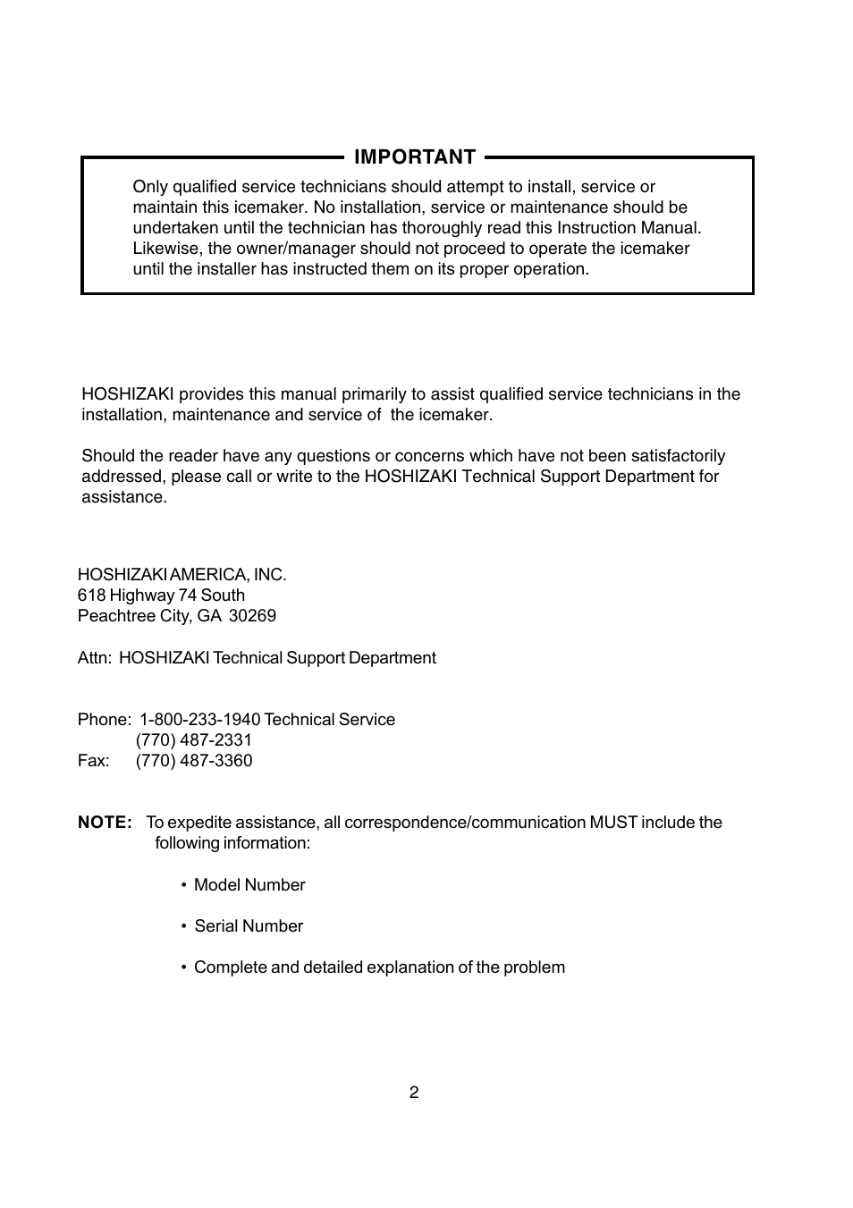 Hoshizaki SELF-CONTAINED CRESCENT CUBER KM-250BAF User Manual | Page 2 / 21