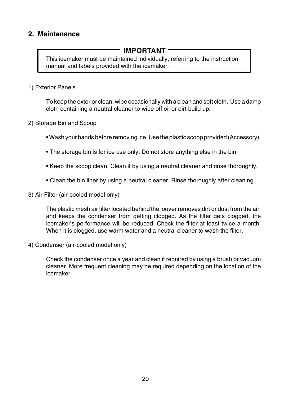 Maintenance | Hoshizaki SELF-CONTAINED CRESCENT CUBER KM-250BAF User Manual | Page 20 / 21