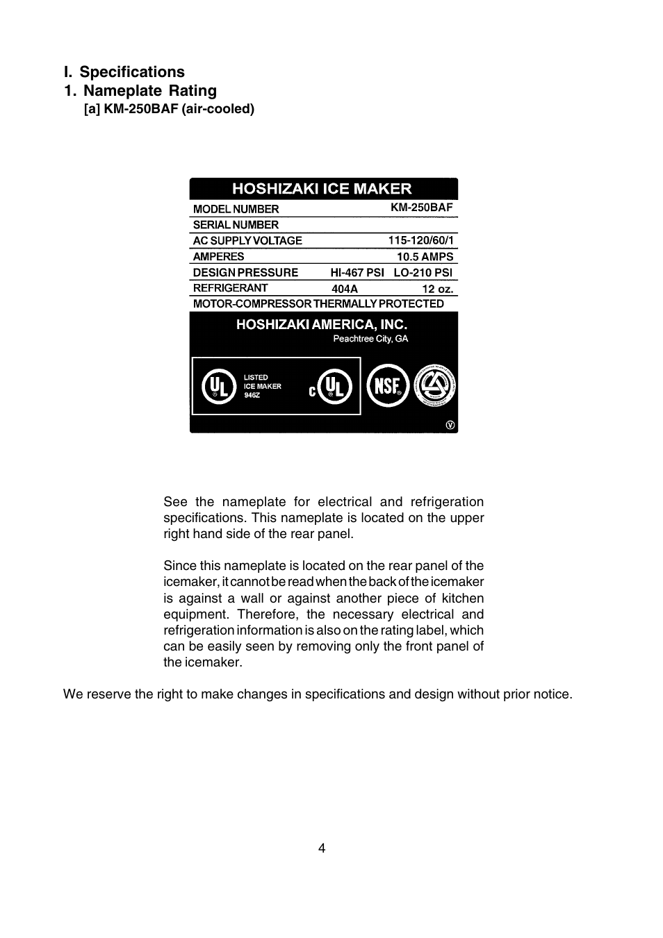 I. specifications, Nameplate rating, A] km-250baf (air-cooled) | Hoshizaki SELF-CONTAINED CRESCENT CUBER KM-250BAF User Manual | Page 4 / 21