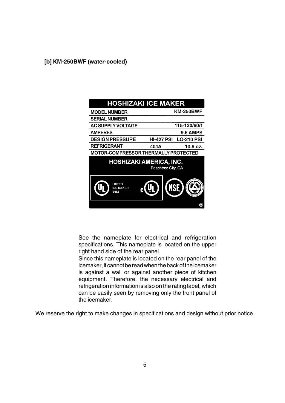 B] km-250bwf (water-cooled) | Hoshizaki SELF-CONTAINED CRESCENT CUBER KM-250BAF User Manual | Page 5 / 21