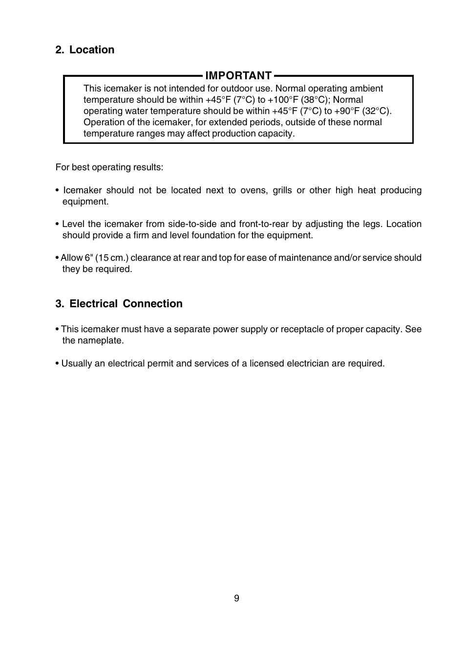 Location, Electrical connection, Location 3. electrical connection | Hoshizaki SELF-CONTAINED CRESCENT CUBER KM-250BAF User Manual | Page 9 / 21