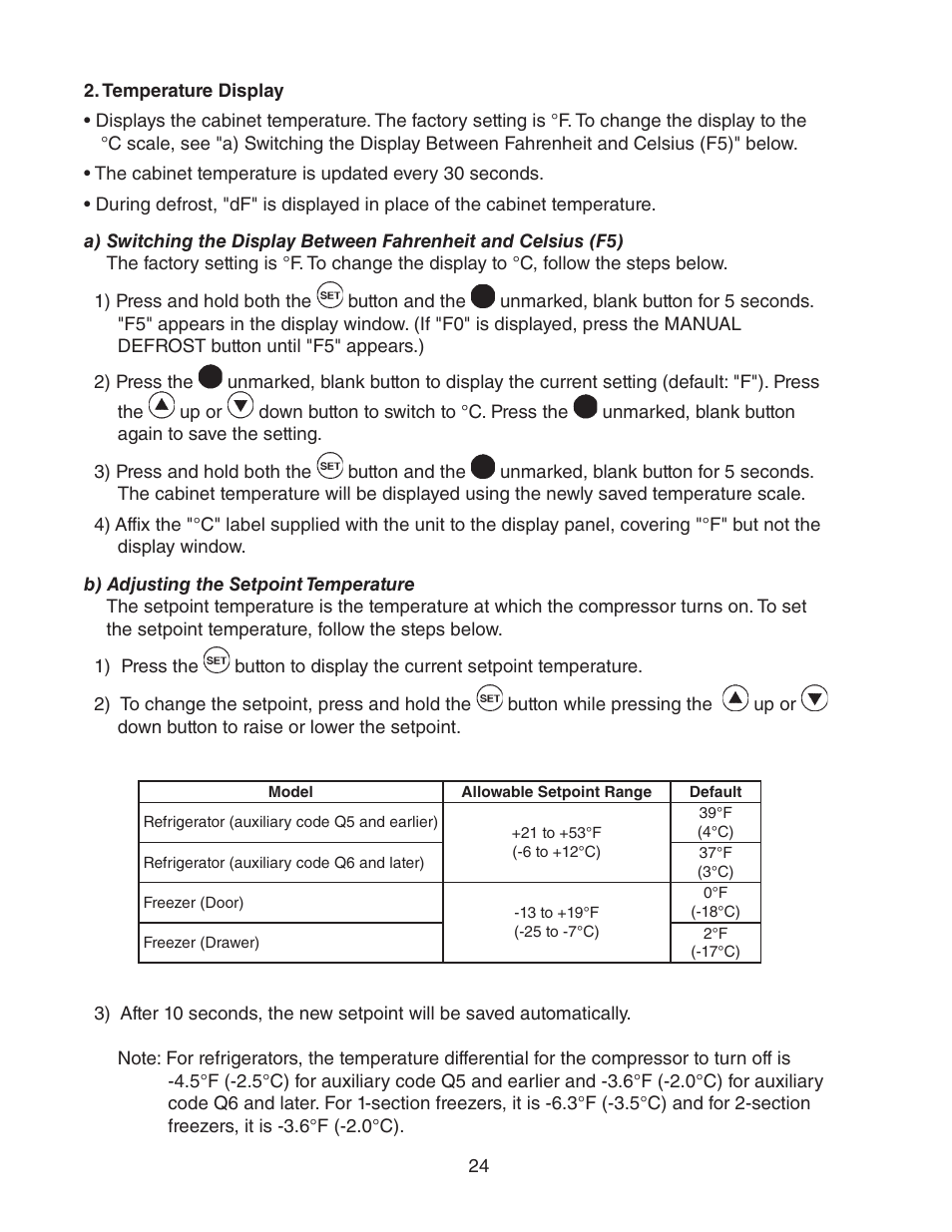 Temperature display, B) adjusting the setpoint temperature | Hoshizaki HUR40A(-D) User Manual | Page 24 / 64