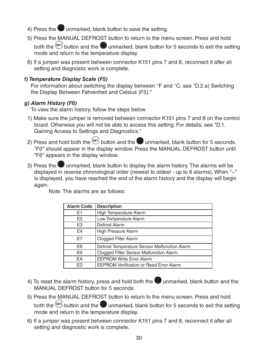 F) temperature display scale (f5), G) alarm history (f6) | Hoshizaki HUR40A(-D) User Manual | Page 30 / 64