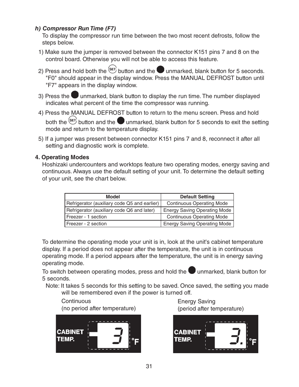H) compressor run time (f7), Operating modes | Hoshizaki HUR40A(-D) User Manual | Page 31 / 64