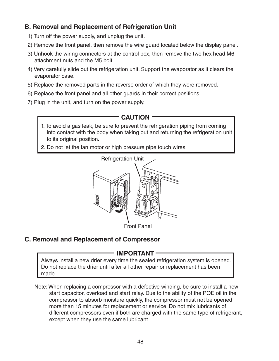 B. removal and replacement of refrigeration unit, C. removal and replacement of compressor | Hoshizaki HUR40A(-D) User Manual | Page 48 / 64