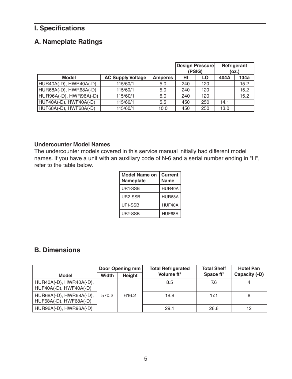 I. specifications, A. nameplate ratings, B. dimensions | A. nameplate ratings b. dimensions, I. specifications a. nameplate ratings | Hoshizaki HUR40A(-D) User Manual | Page 5 / 64