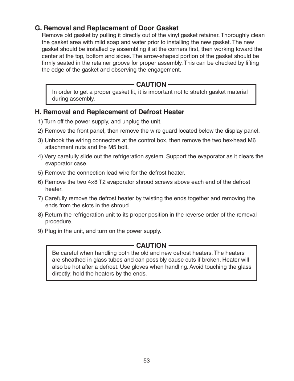 G. removal and replacement of door gasket, H. removal and replacement of defrost heater | Hoshizaki HUR40A(-D) User Manual | Page 53 / 64