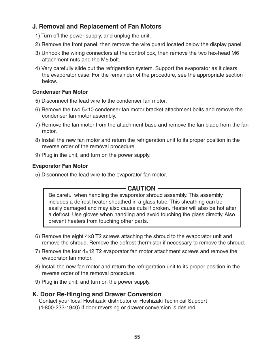 J. removal and replacement of fan motors, K. door re-hinging and drawer conversion | Hoshizaki HUR40A(-D) User Manual | Page 55 / 64