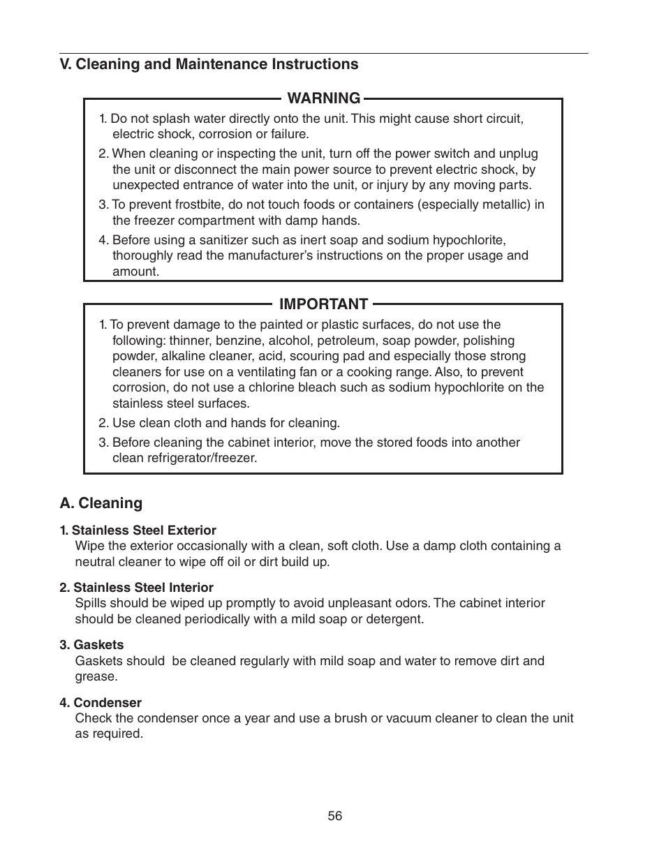 V. cleaning and maintenance instructions, A. cleaning | Hoshizaki HUR40A(-D) User Manual | Page 56 / 64