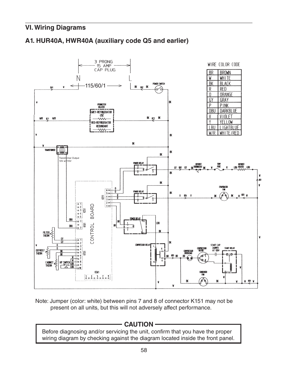 Vi. wiring diagrams, A1. hur40a, hwr40a (auxiliary code q5 and earlier) | Hoshizaki HUR40A(-D) User Manual | Page 58 / 64
