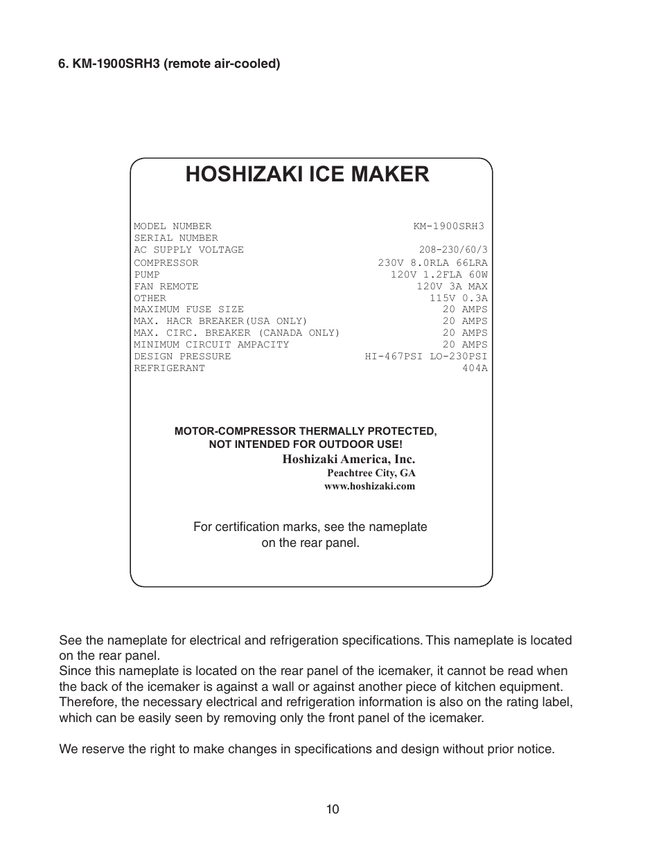 Km-1900srh3 (remote air-cooled), Hoshizaki ice maker | Hoshizaki KM-1900SAH/3 User Manual | Page 10 / 38