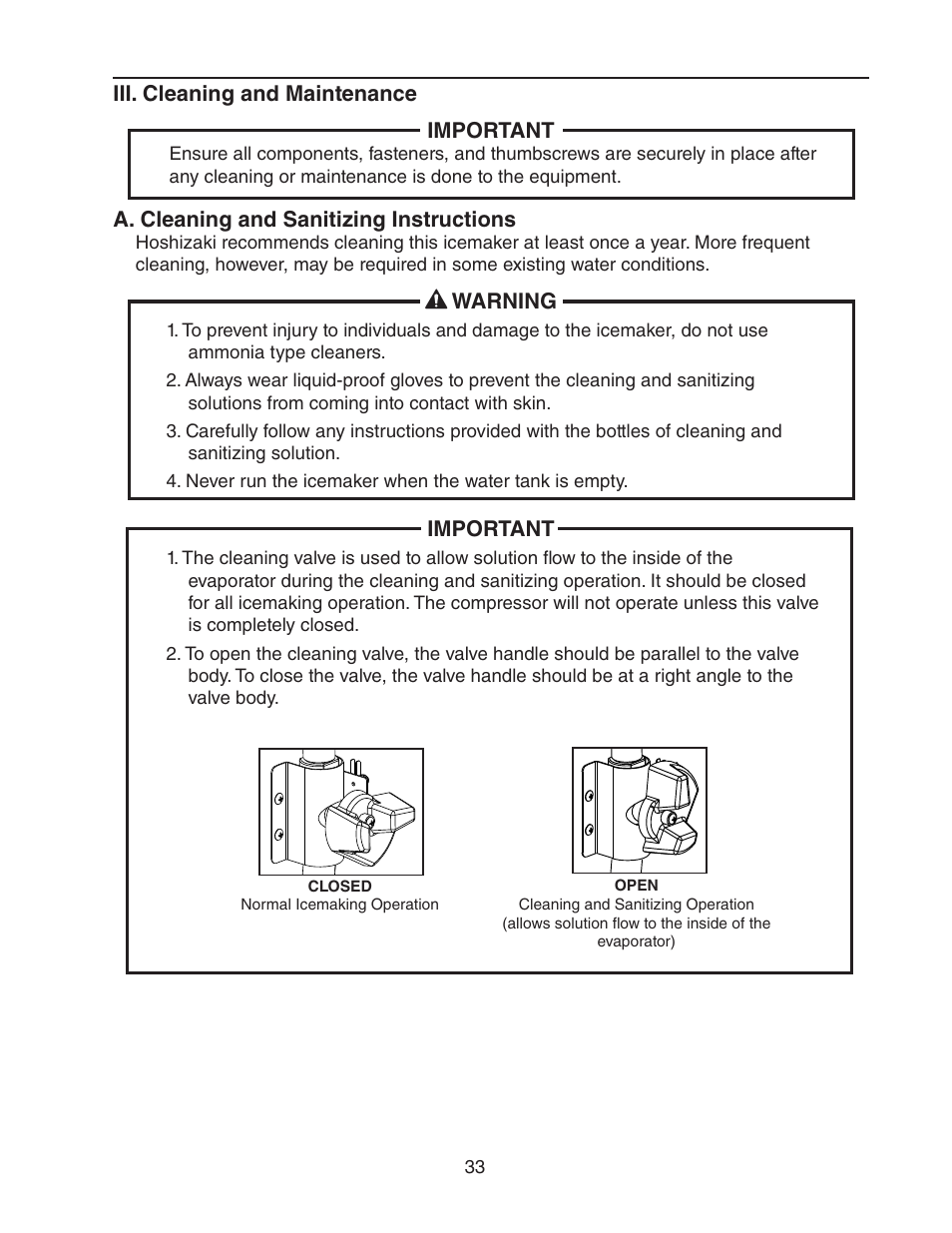 Iii. cleaning and maintenance, A. cleaning and sanitizing instructions | Hoshizaki KM-1900SAH/3 User Manual | Page 33 / 38