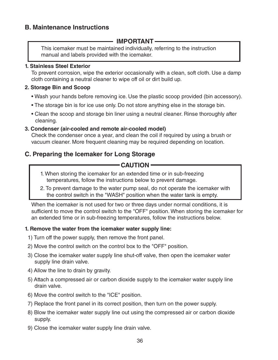 B. maintenance instructions, C. preparing the icemaker for long storage | Hoshizaki KM-1900SAH/3 User Manual | Page 36 / 38